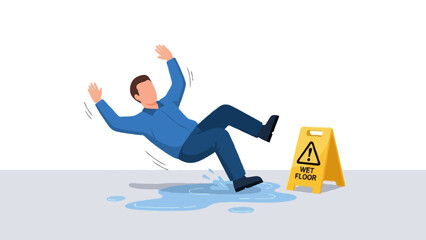 A clean flat vector illustration of a slip and fall workplace accident. A faceless worker is falling backward due to a wet floor with spilled liquid