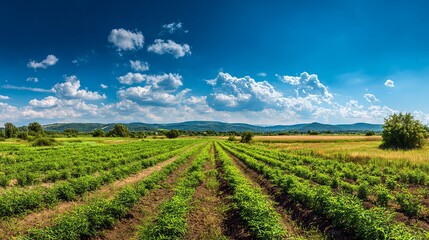 Panoramic view of colorful currant bush seedling rows, vibrant field