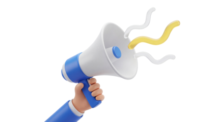 3D rendering of a human hand holding a megaphone making a loud announcement