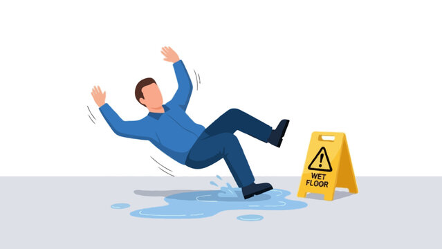A clean flat vector illustration of a slip and fall workplace accident. A faceless worker is falling backward due to a wet floor with spilled liquid