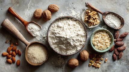 Baking ingredients and nuts on a rustic kitchen countertop