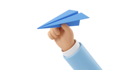 Stylized 3D hand holding a blue paper airplane, symbolizing sending messages