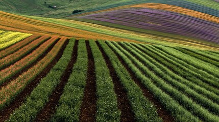 Panoramic view of colorful currant bush seedling rows, vibrant field