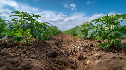 Lush potato plant field in countryside agricultural landscape