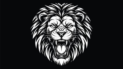 Roaring lion head vector illustration, fierce animal mascot logo, black and white tribal style, powerful wildlife emblem, aggressive big cat design