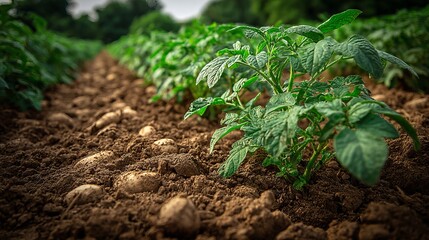 Lush potato plant field in countryside agricultural landscape