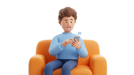 Digital Communication: 3D Man Using Mobile Phone on Sofa with Notification