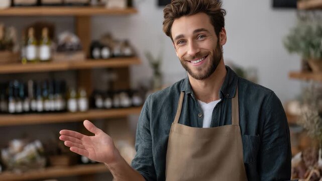 Handsome Caucasian male shop assistant engaging customers in a charming retail space filled with natural products