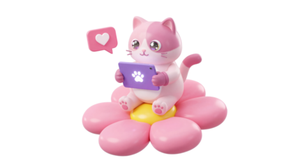 Whimsical pink cat engaging with a tablet on a flower, receiving social media likes