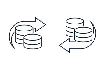 Money , coins with movement arrows. Set of vector linear icons isolated on white background.