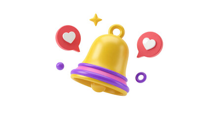 Digital Notification Bell with Heart Reactions - 3D Social Media Engagement Concept Illustration