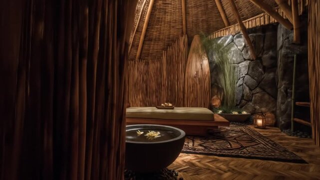 Serene spa setting features thatched ceiling, stone wall, wooden platform and bowl with flowers