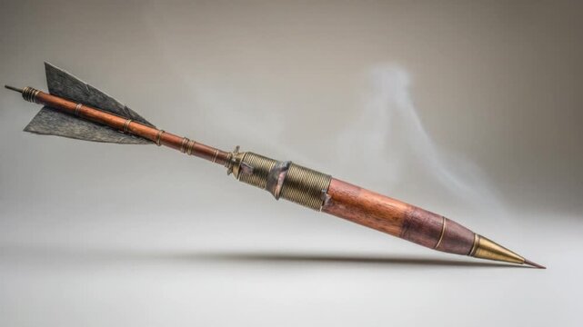 A detailed studio shot of an arrow-like object, crafted from wood, metal, with feathered fletching
