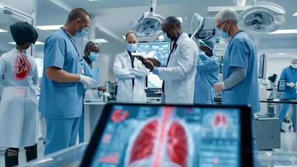 Medical professionals analyze lung health data on a tablet while collaborating in a modern healthcare facility during a clinical consultation - Powered by Adobe