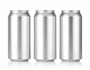 Three identical tall, silver, metal cans standing upright on a white surface