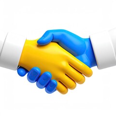 Stylized handshake, blue and yellow hands clasping on white