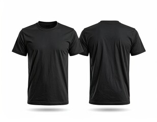 Black crew neck t-shirt, front and back views, against white background