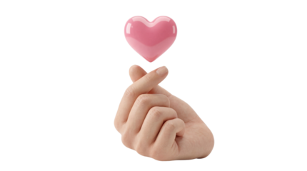 Hand making Korean finger heart gesture with a shiny pink heart floating above, symbolizing love and care.