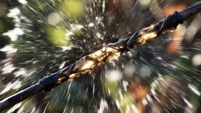 Close-up of a wooden object with wrapped wire, surrounded by blurred water-like effect