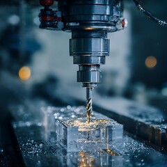 A close-up view of a precision drill machine cutting into a metal workpiece