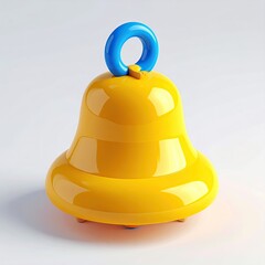 3D cartoon bell, vibrant yellow, with blue handle, on a white background