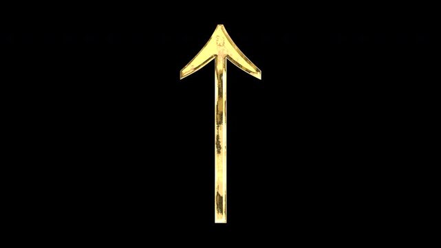 Gold upward arrow symbol, light reflecting and patterns shifting, alpha channel
