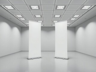 Empty exhibition room with two blank banners