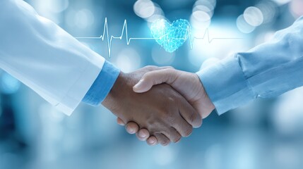 Two Hands Shaking with Heartbeat Line in Healthcare Setting