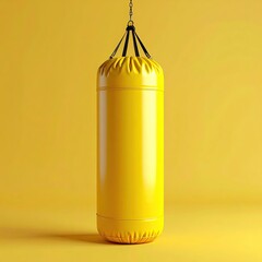 A bright yellow punching bag hangs against a matching solid background