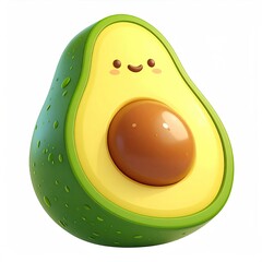 Cartoon avocado character, smiling, cut open, with a pit and water droplets