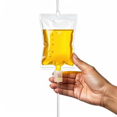 Hand holding IV bag with yellow fluid on a white background