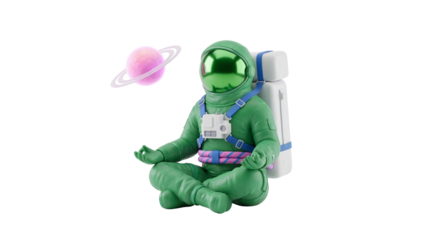 Green Astronaut Meditating Peacefully in Outer Space Next to a Ringed Planet - 3D Illustration