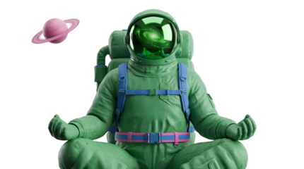 Space traveler meditating in serene pose, visualizing a vibrant galaxy in helmet
