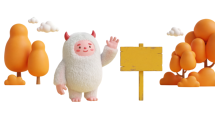 Friendly fluffy character waving next to a blank sign in a whimsical autumn landscape 3D illustration