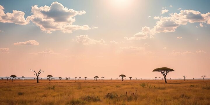 Vast savanna grassland under a wide-open sky with scattered acacia trees, golden hour light,  grassland,  outdoors