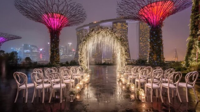 Outdoor nighttime wedding venue with illuminated trees and floral arch with city skyline