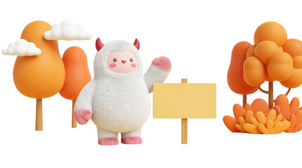 Whimsical fluffy character waving beside a blank signpost in an autumnal fantasy landscape 3D illustration.
