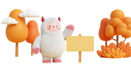 Whimsical fluffy character waving beside a blank signpost in an autumnal fantasy landscape 3D illustration.