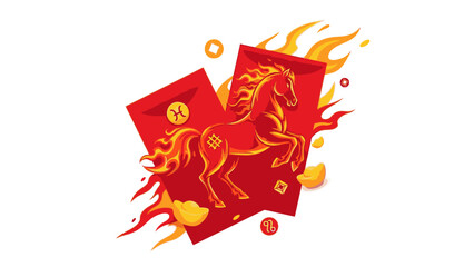 Obraz premium A vibrant illustration of a fire horse on red envelopes surrounded by flames and gold coins, symbolizing Chinese New Year 2026 with a festive and celebratory mood.