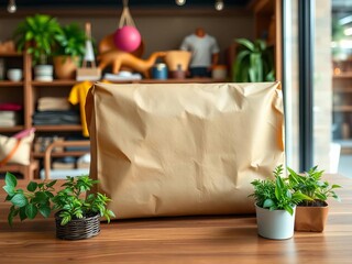 Sustainable brown paper parcel from an Asian retail shop, emphasizing earth care,  recycled paper,  earth friendly