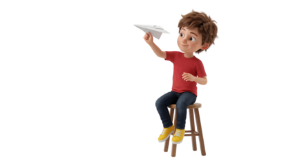 Animated young boy playing with paper airplane, sitting on a stool, dreaming of flight