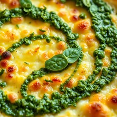 Swirls of basil pesto, emerald trails across a golden crust, a painterly stroke of flavor Macro lens captures vibrant green essence,  Italian,  green