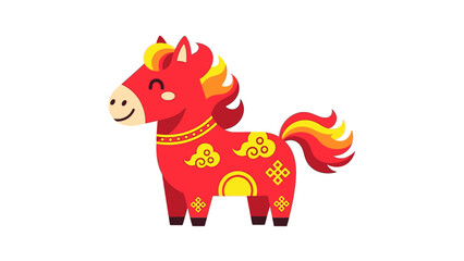 Illustration of a fire horse with red and gold decorations, holding red envelopes, symbolizing good fortune during the Chinese New Year 2026, on a plain white background with vibrant colors.