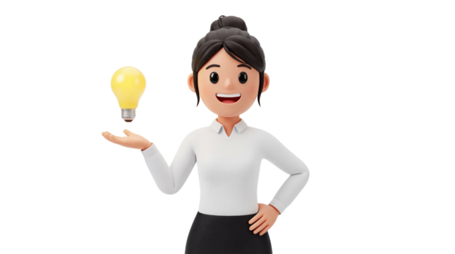 Smiling 3D Businesswoman Character Presenting a Bright Idea with a Glowing Light Bulb - Powered by Adobe