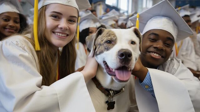 High school graduates volunteer at animal shelter helping pets find homes and celebrating their achievements - Powered by Adobe