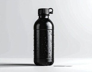 Sleek black water bottle with condensation, isolated on white