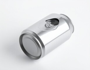 Silver metal can lies on its side, the opening tab flipped open
