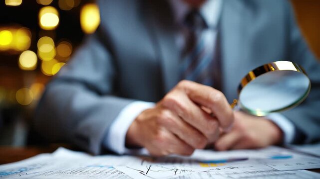 Businessman examining documents with a magnifying glass in a dimly lit setting, 4k video
