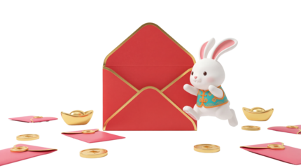 3D Rabbit Leaping from Red Envelope with Gold Coins, Symbolizing Good Fortune and Celebration