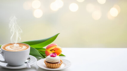 Spring celebration setup with coffee, dessert, tulip and bokeh lights. Seasonal greeting design.